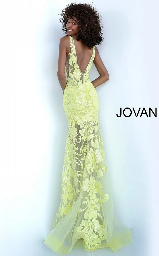 Jovani 60283 Long Floral Sheer Sequin Formal Evening Prom Dress V Neck Gown