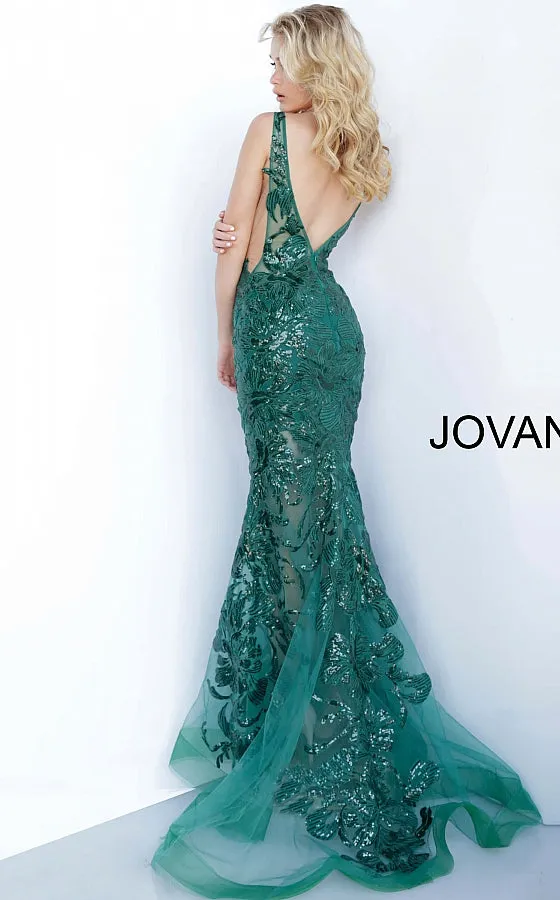 Jovani 60283 Long Floral Sheer Sequin Formal Evening Prom Dress V Neck Gown