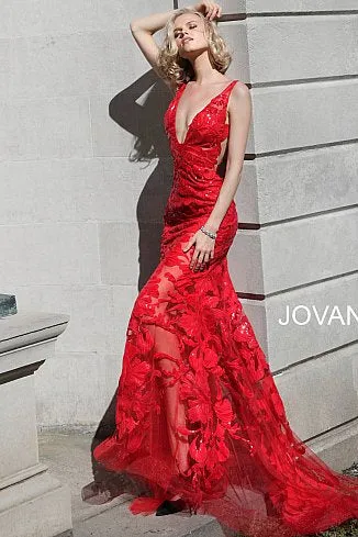 Jovani 60283 Long Floral Sheer Sequin Formal Evening Prom Dress V Neck Gown