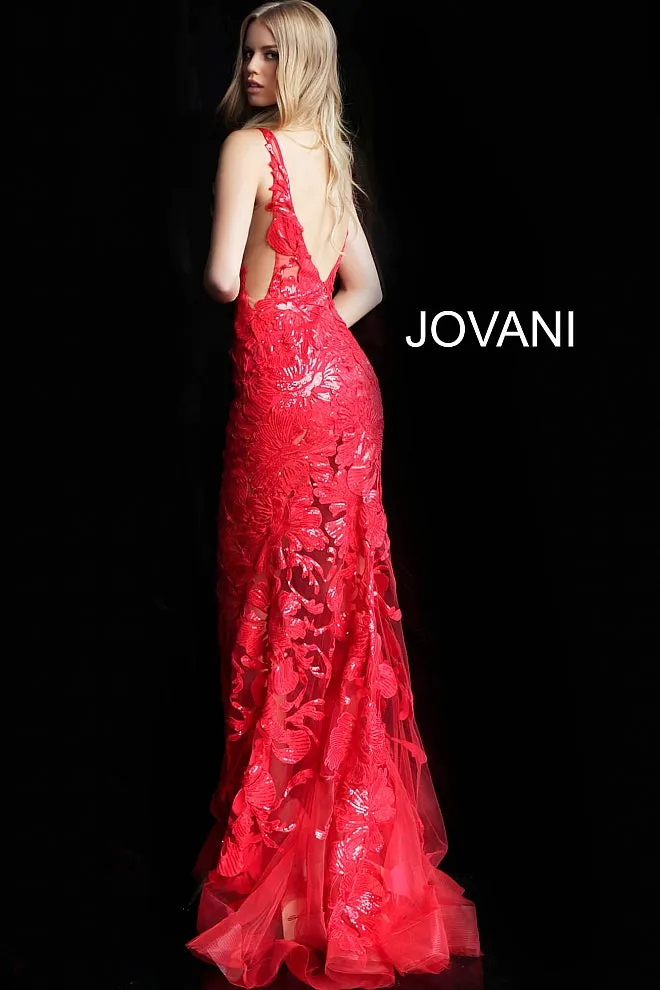 Jovani 60283 Long Floral Sheer Sequin Formal Evening Prom Dress V Neck Gown