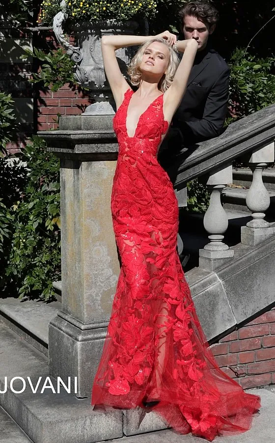 Jovani 60283 Long Floral Sheer Sequin Formal Evening Prom Dress V Neck Gown