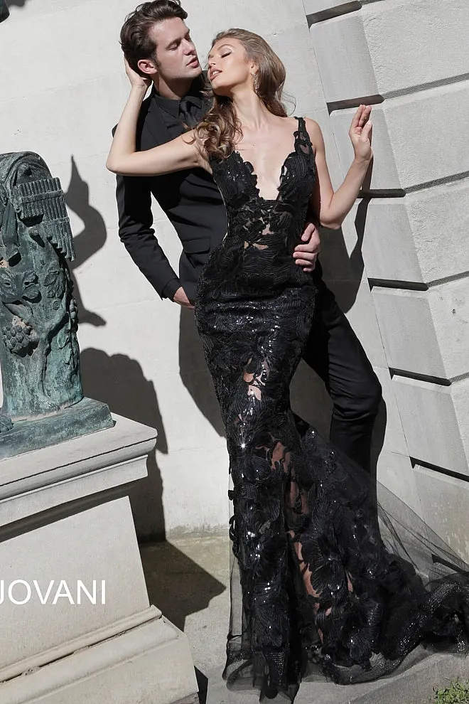 Jovani 60283 Long Floral Sheer Sequin Formal Evening Prom Dress V Neck Gown