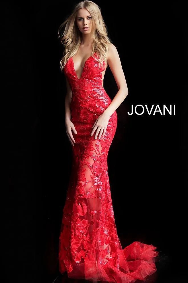 Jovani 60283 Long Floral Sheer Sequin Formal Evening Prom Dress V Neck Gown