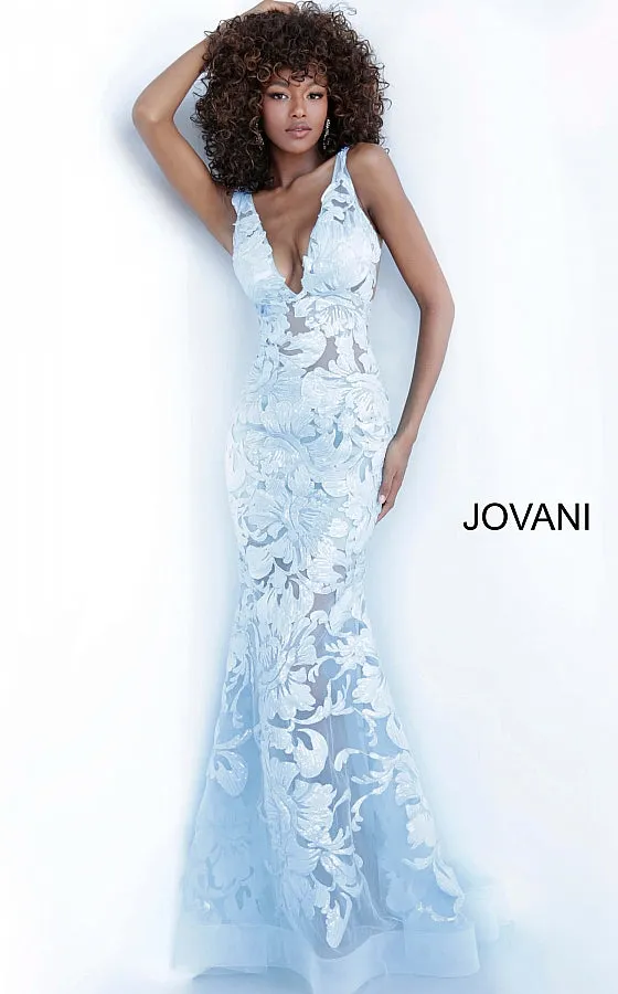 Jovani 60283 Long Floral Sheer Sequin Formal Evening Prom Dress V Neck Gown