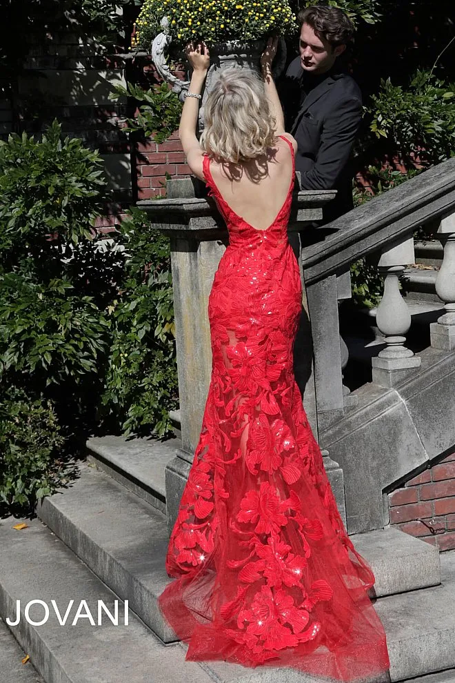 Jovani 60283 Long Floral Sheer Sequin Formal Evening Prom Dress V Neck Gown