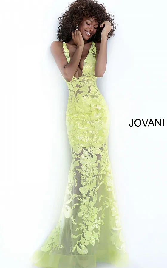 Jovani 60283 Long Floral Sheer Sequin Formal Evening Prom Dress V Neck Gown