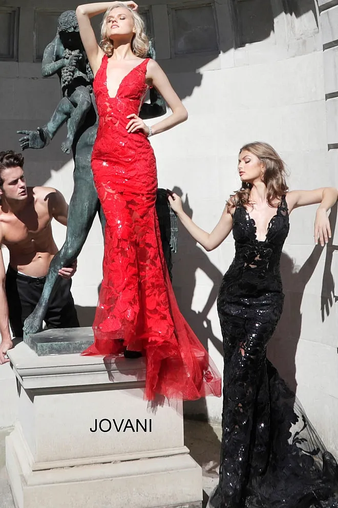 Jovani 60283 Long Floral Sheer Sequin Formal Evening Prom Dress V Neck Gown