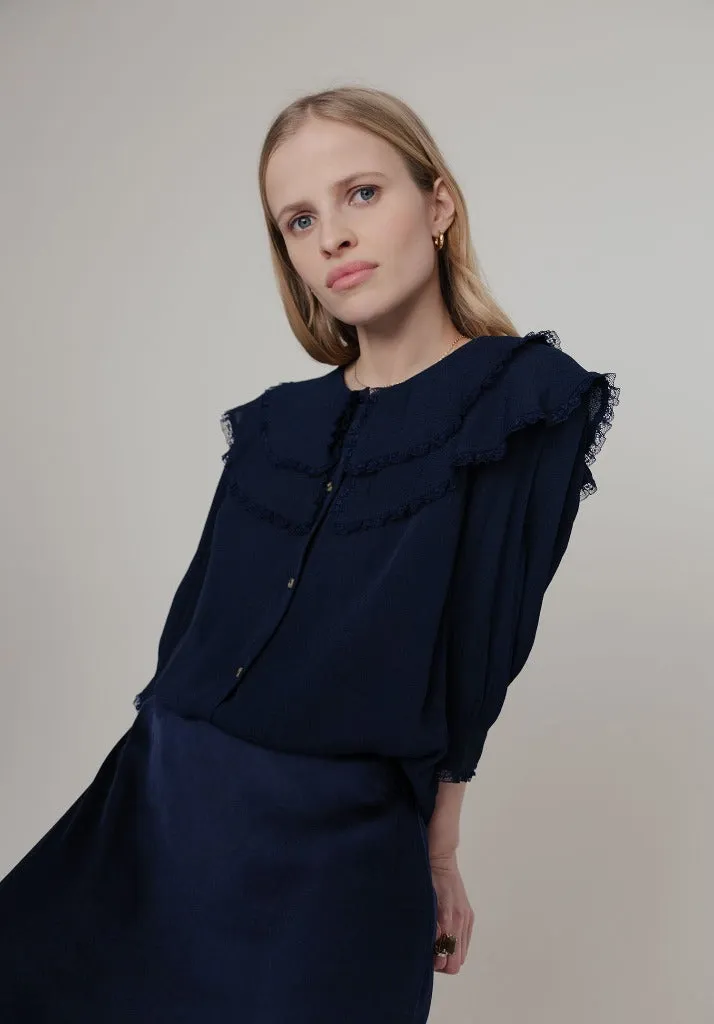 Keira Split Collar Blouse In Navy