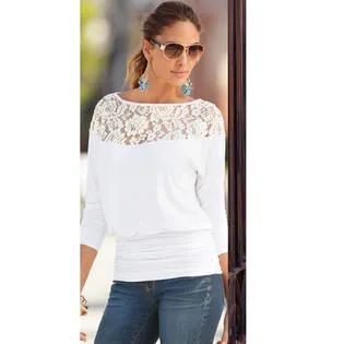 Ketty More Women Flower Lace Round Trim Stitching Blouse-KMWSB827