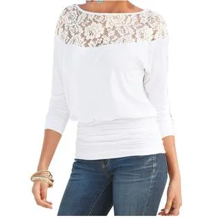 Ketty More Women Flower Lace Round Trim Stitching Blouse-KMWSB827