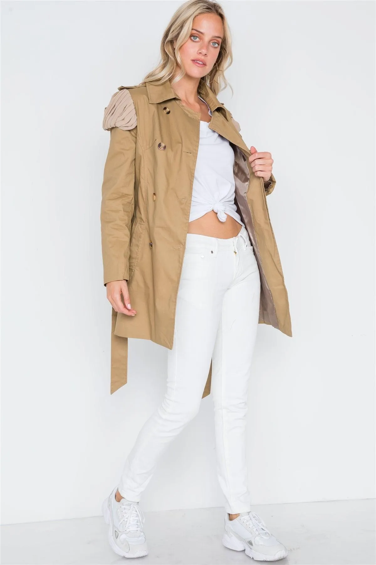 Khaki Double Breasted Long Sleeve Trench Coat /2-2-2
