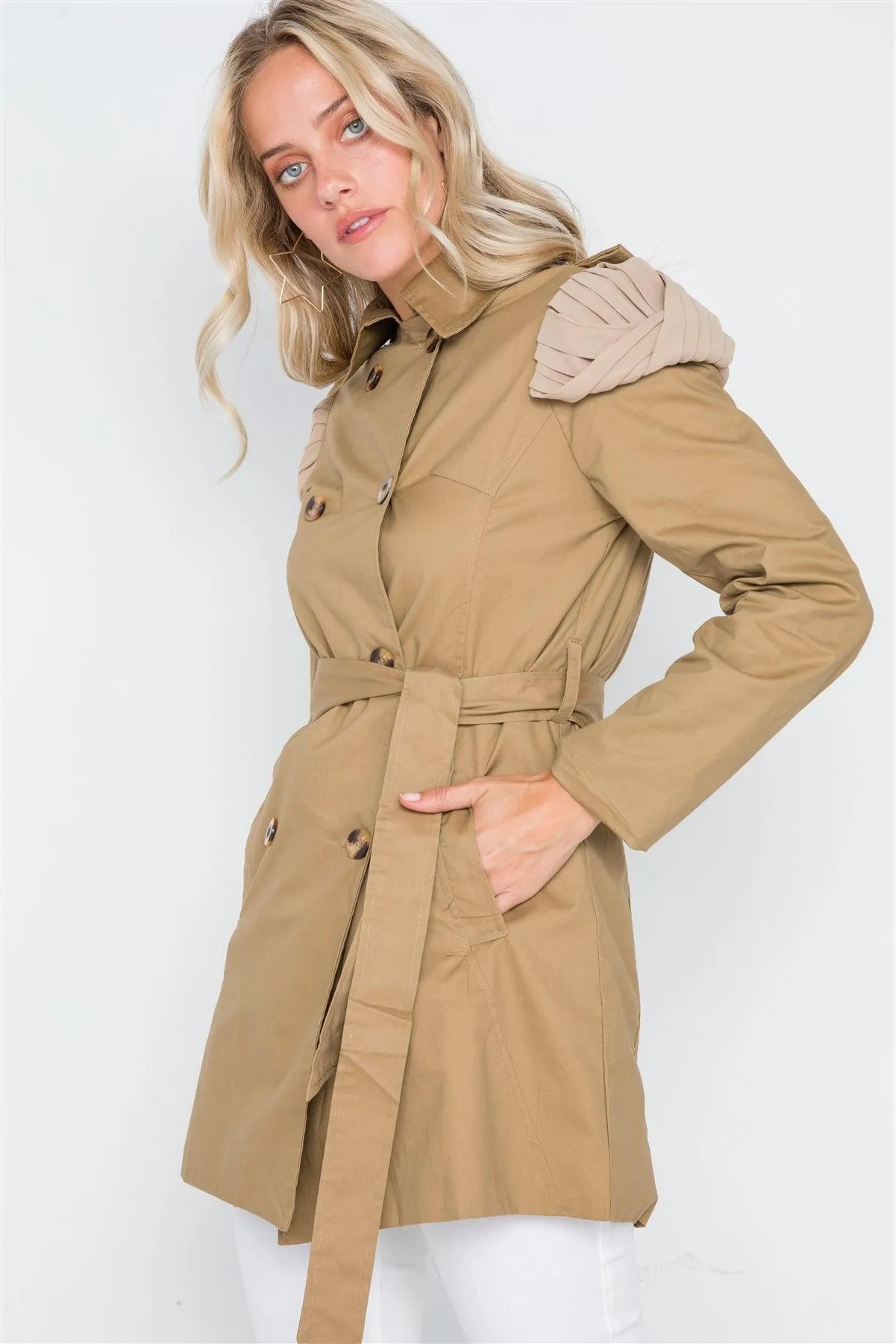 Khaki Double Breasted Long Sleeve Trench Coat /2-2-2