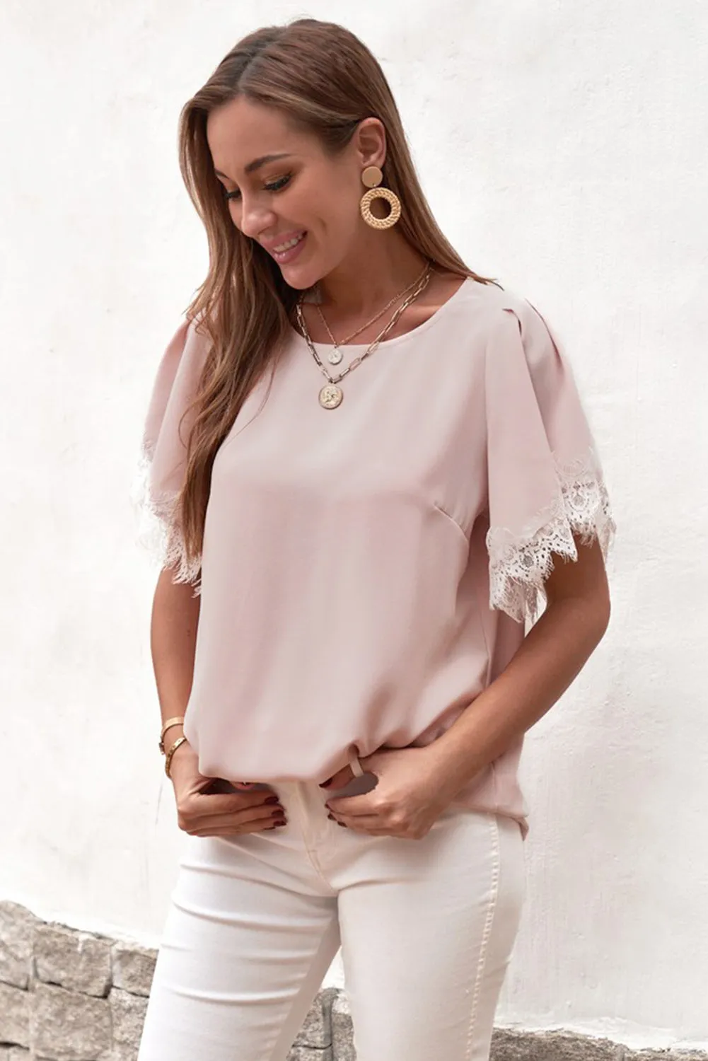 Lace Trim Flutter Sleeve Blouse