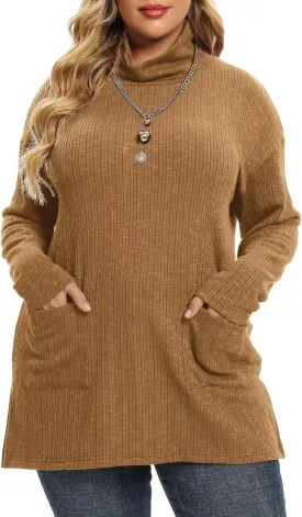LARACE Plus Size Sweater for Women, Women's Pullover Turtleneck Long Sleeve Knit Sweater Shirts with Pockets for Fall Winter