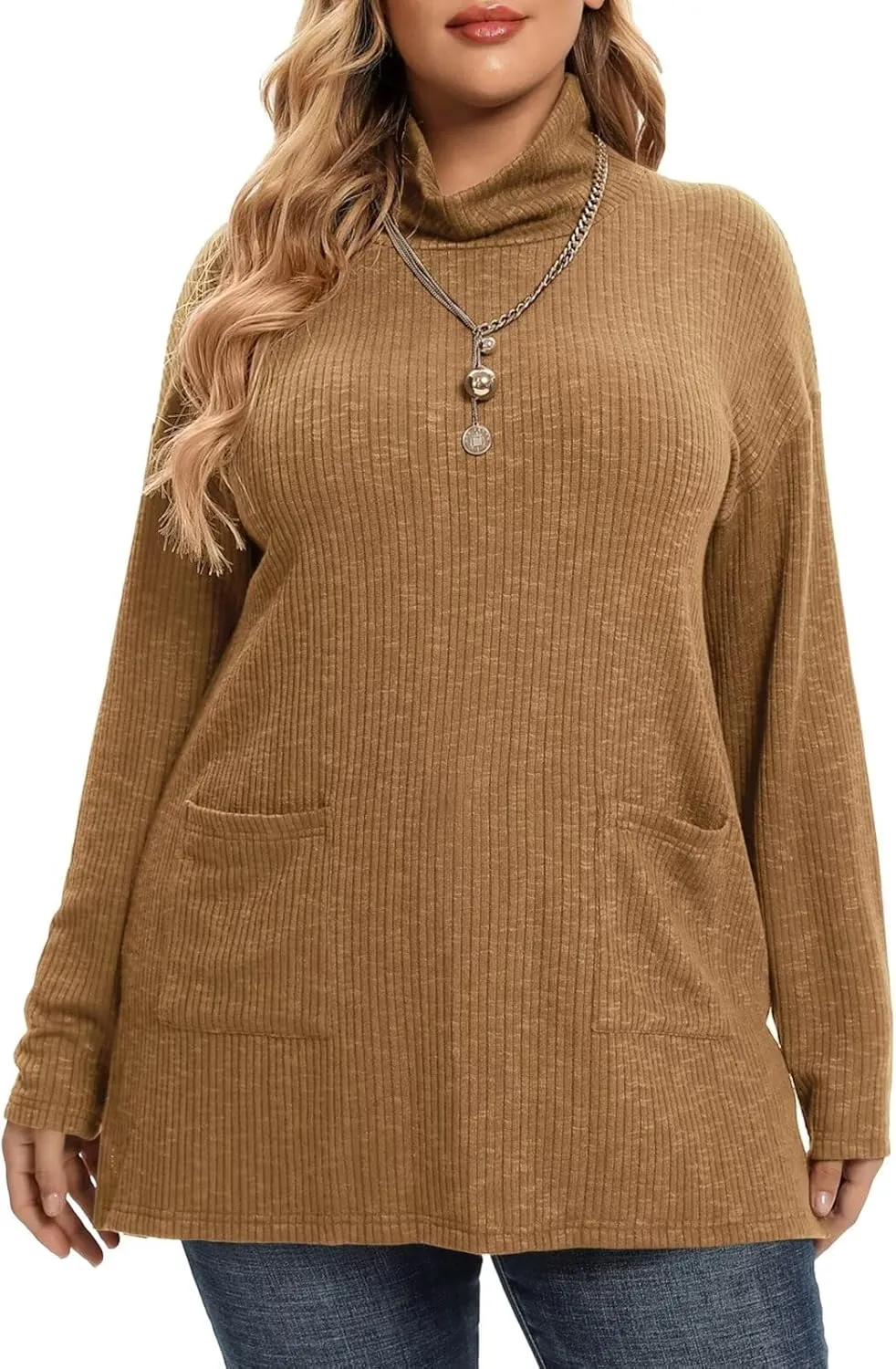 LARACE Plus Size Sweater for Women, Women's Pullover Turtleneck Long Sleeve Knit Sweater Shirts with Pockets for Fall Winter