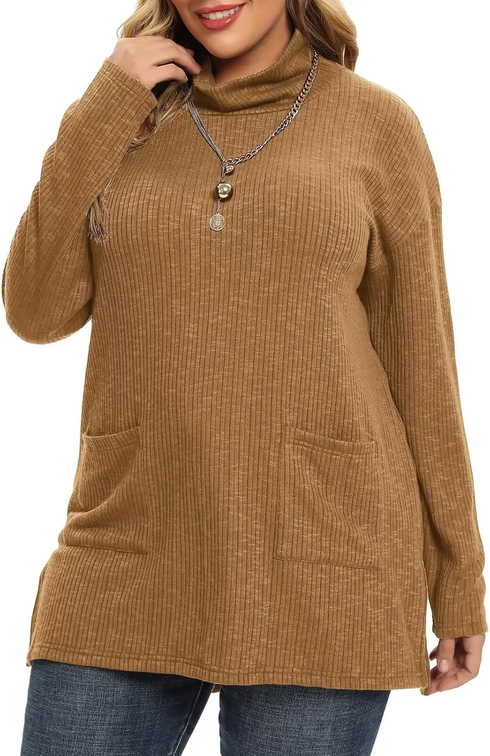 LARACE Plus Size Sweater for Women, Women's Pullover Turtleneck Long Sleeve Knit Sweater Shirts with Pockets for Fall Winter
