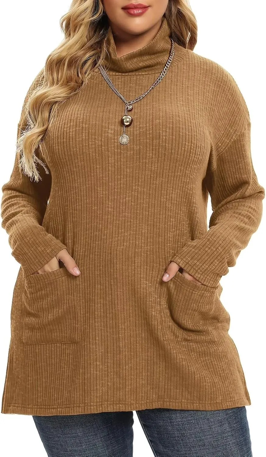 LARACE Plus Size Sweater for Women, Women's Pullover Turtleneck Long Sleeve Knit Sweater Shirts with Pockets for Fall Winter