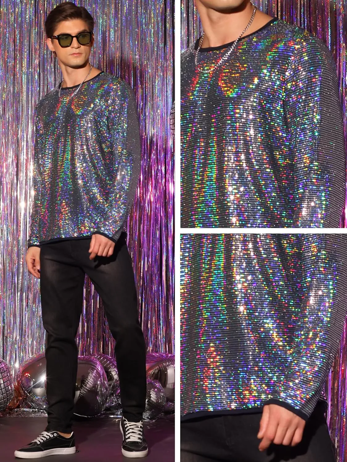 Lars Amadeus Sequins T-Shirt for Men's Crew Neck Long Sleeves Party Clubwear Sparkly Tee Tops