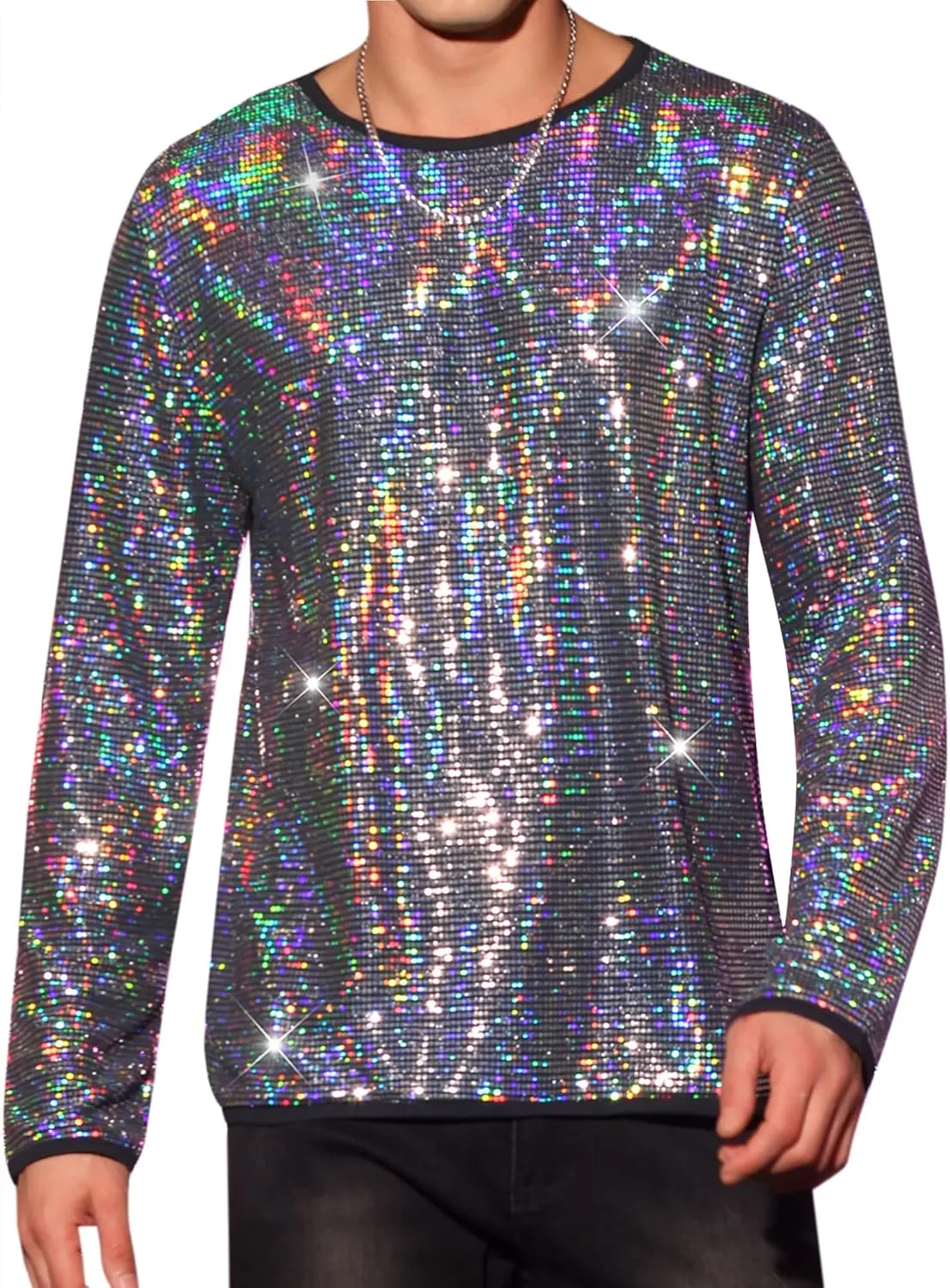 Lars Amadeus Sequins T-Shirt for Men's Crew Neck Long Sleeves Party Clubwear Sparkly Tee Tops