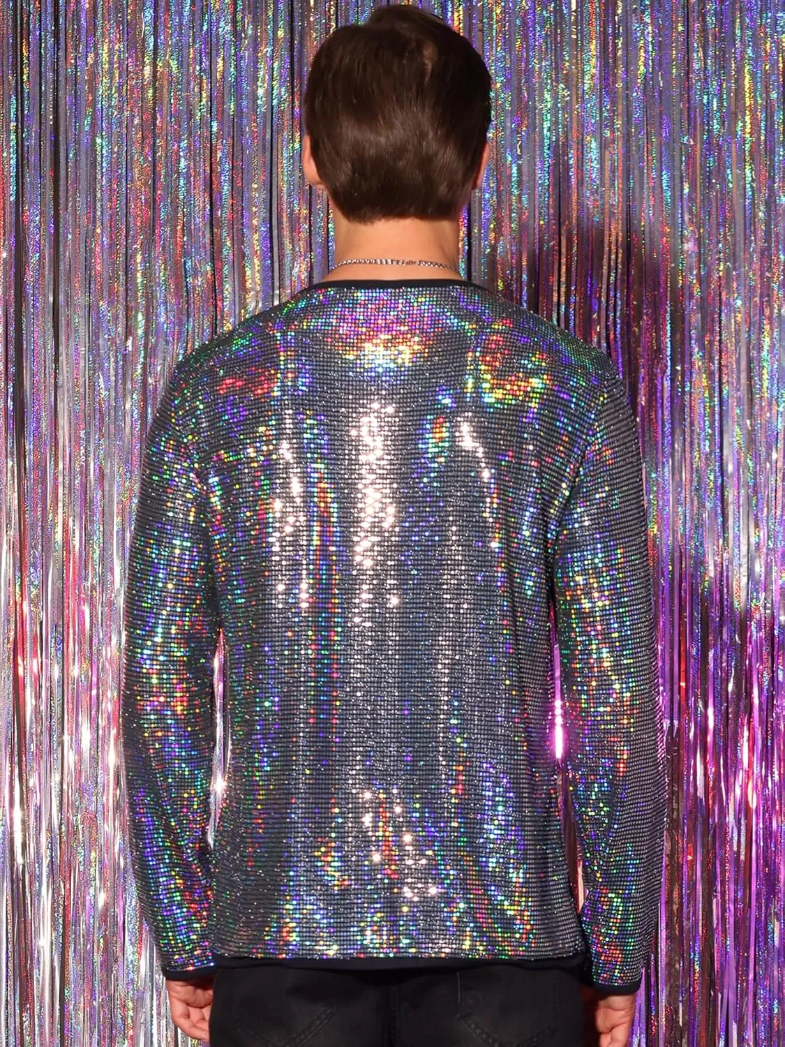 Lars Amadeus Sequins T-Shirt for Men's Crew Neck Long Sleeves Party Clubwear Sparkly Tee Tops
