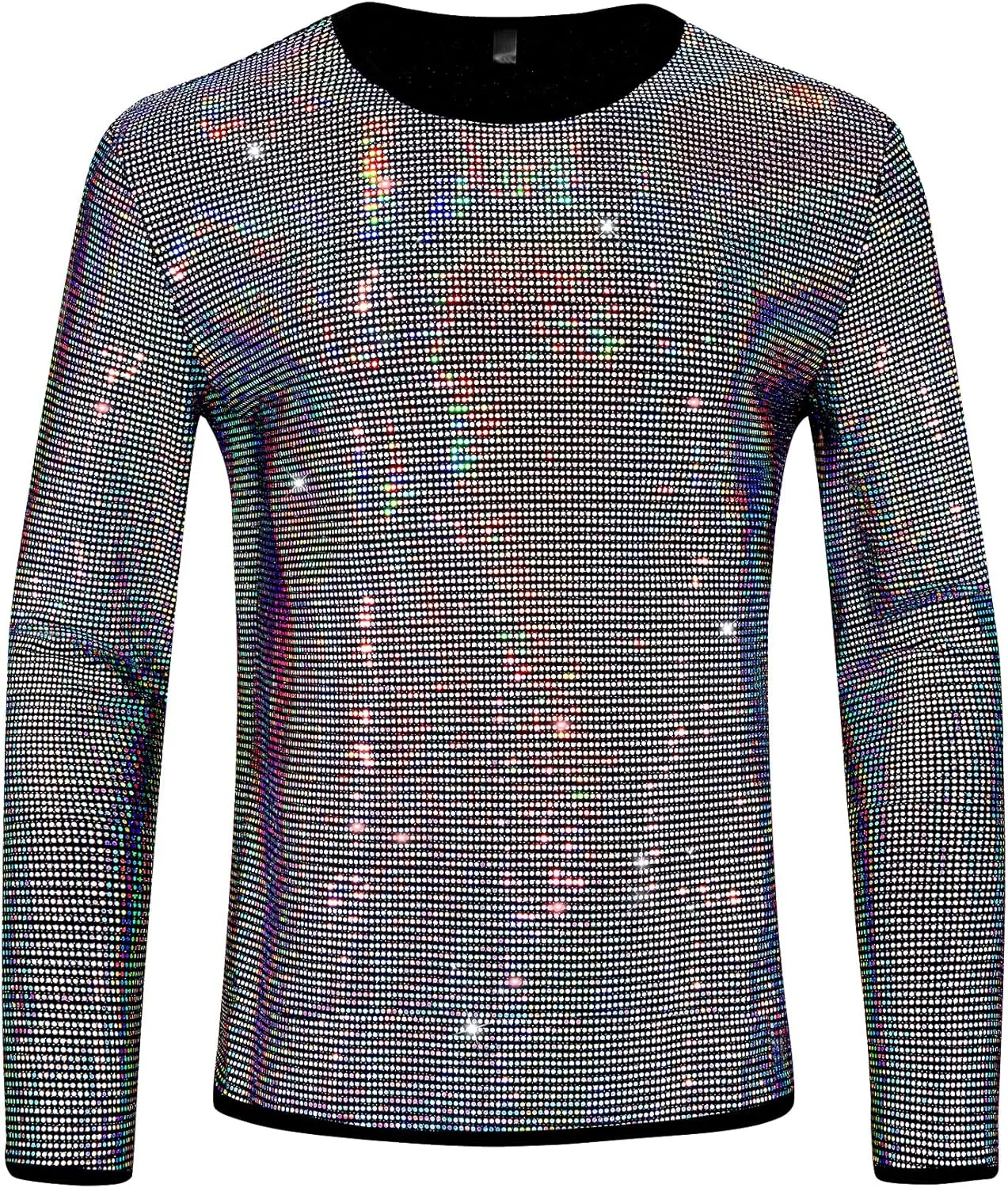 Lars Amadeus Sequins T-Shirt for Men's Crew Neck Long Sleeves Party Clubwear Sparkly Tee Tops