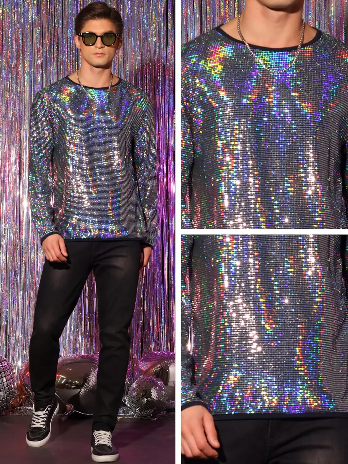 Lars Amadeus Sequins T-Shirt for Men's Crew Neck Long Sleeves Party Clubwear Sparkly Tee Tops