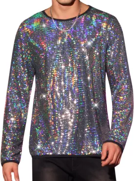 Lars Amadeus Sequins T-Shirt for Men's Crew Neck Long Sleeves Party Clubwear Sparkly Tee Tops