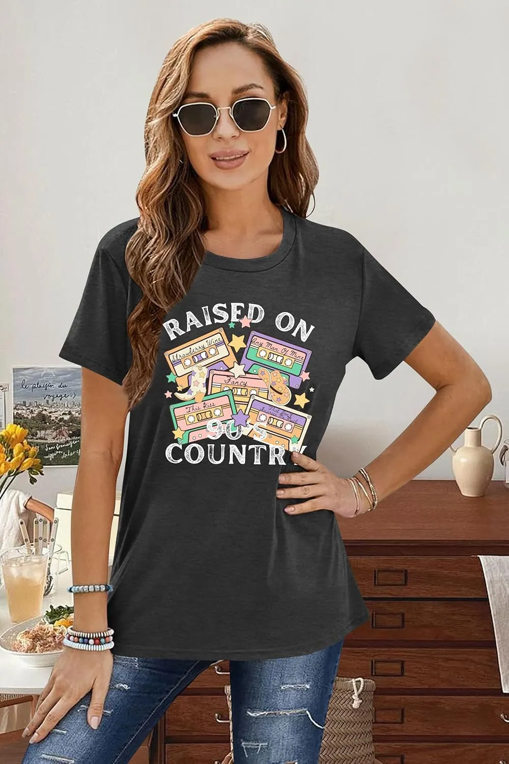 LAZYCHILD 90s Shirt for Women: 90s Outfit T-Shirt Vintage Neon Raised on 90s Country Music Rock Band Tops