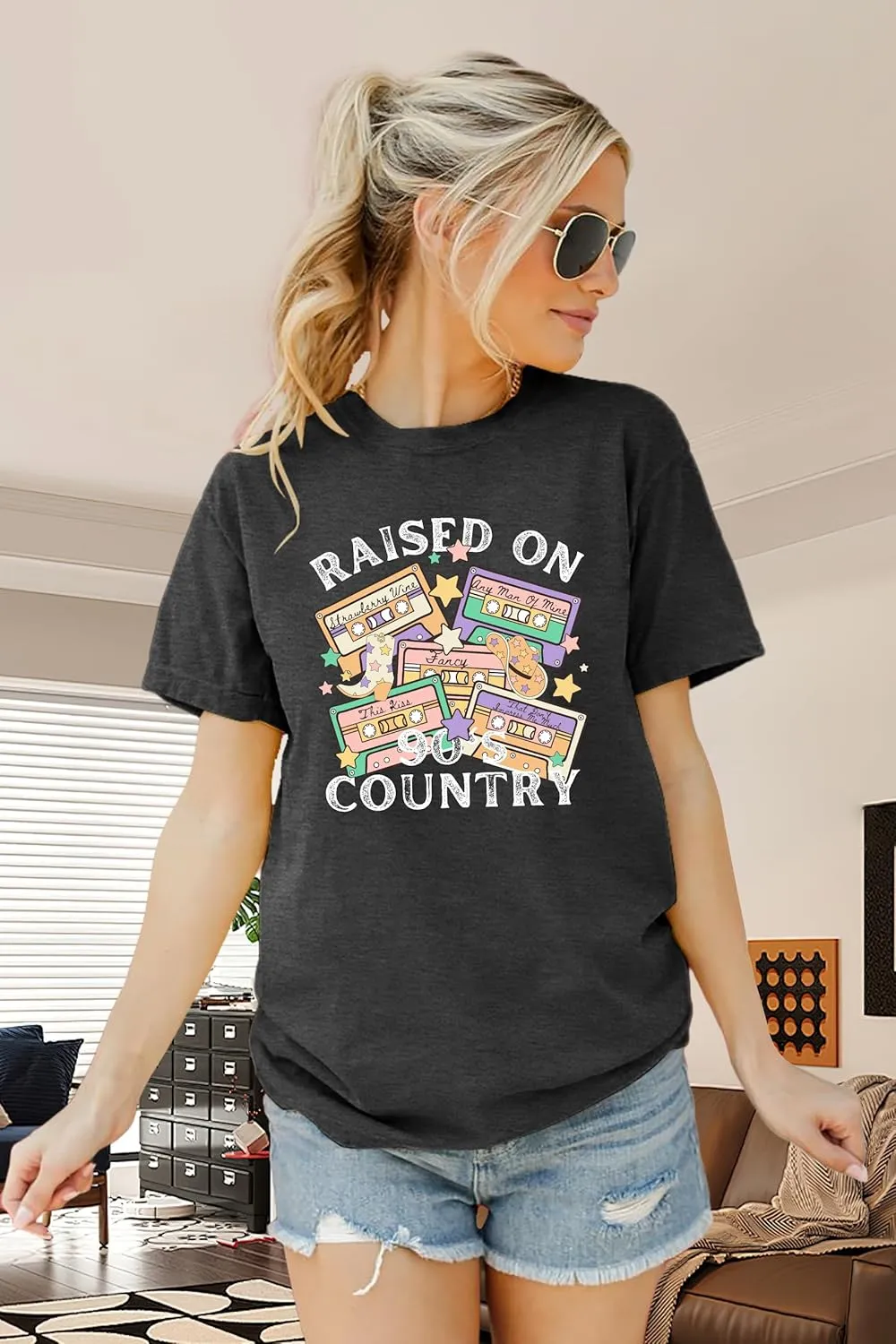 LAZYCHILD 90s Shirt for Women: 90s Outfit T-Shirt Vintage Neon Raised on 90s Country Music Rock Band Tops
