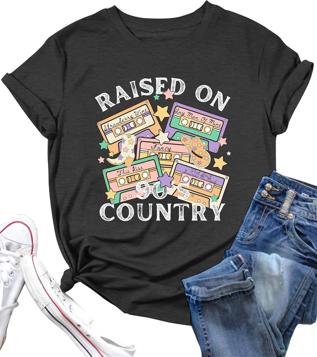 LAZYCHILD 90s Shirt for Women: 90s Outfit T-Shirt Vintage Neon Raised on 90s Country Music Rock Band Tops