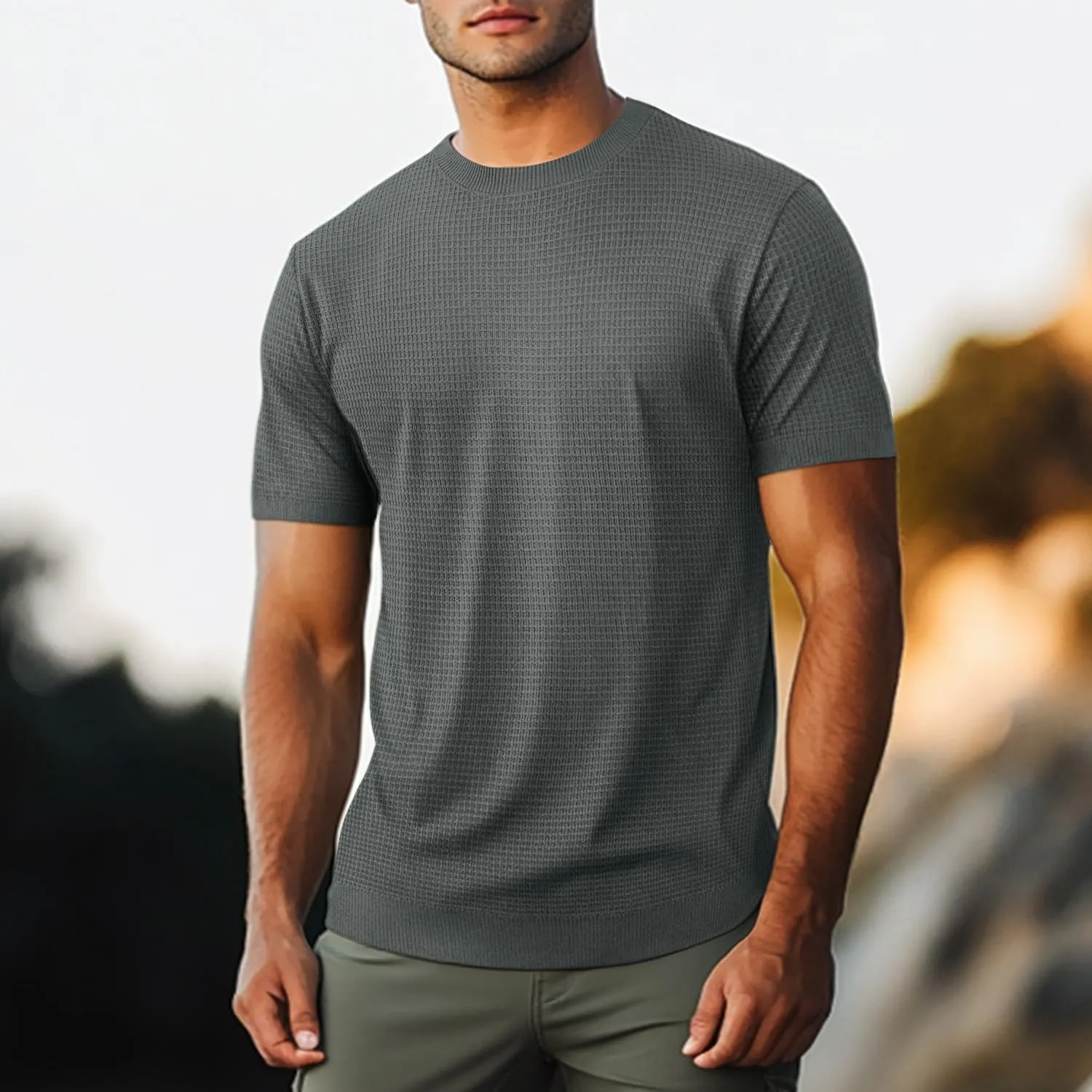 LOGEEYAR Men's Fashion Crewneck Knitted T-Shirts Short Sleeve Textured Pullover Tees Casual Waffle Knit T Shirts for Men