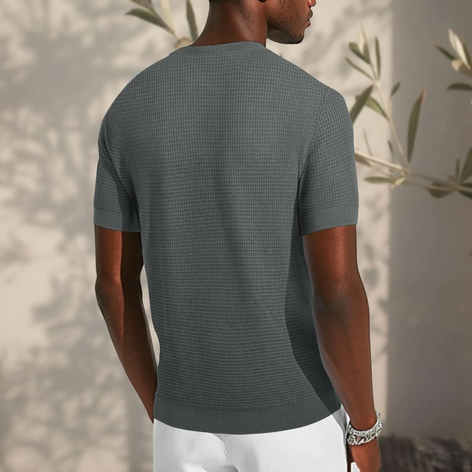 LOGEEYAR Men's Fashion Crewneck Knitted T-Shirts Short Sleeve Textured Pullover Tees Casual Waffle Knit T Shirts for Men