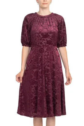 London Times Boat Neck Short Bishop Sleeves Over the Knee Burnout Velvet Dress
