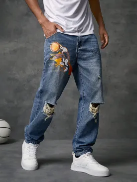 Men Cartoon Graphic Ripped Straight Leg Jeans
