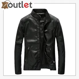 Mens Casual Zip Up Slim Bomber Faux Leather Jacket