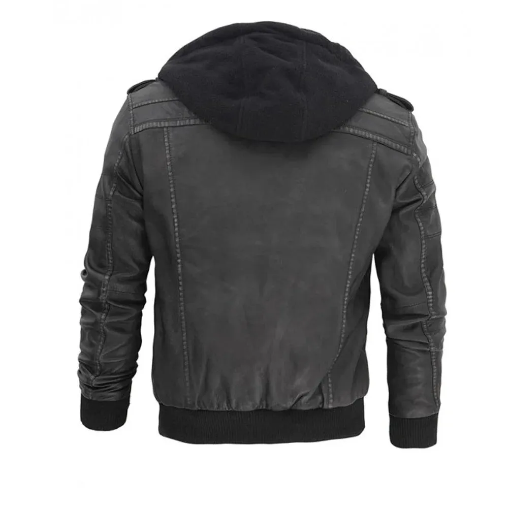 Men’s Grey Hooded Bomber Leather Jacket