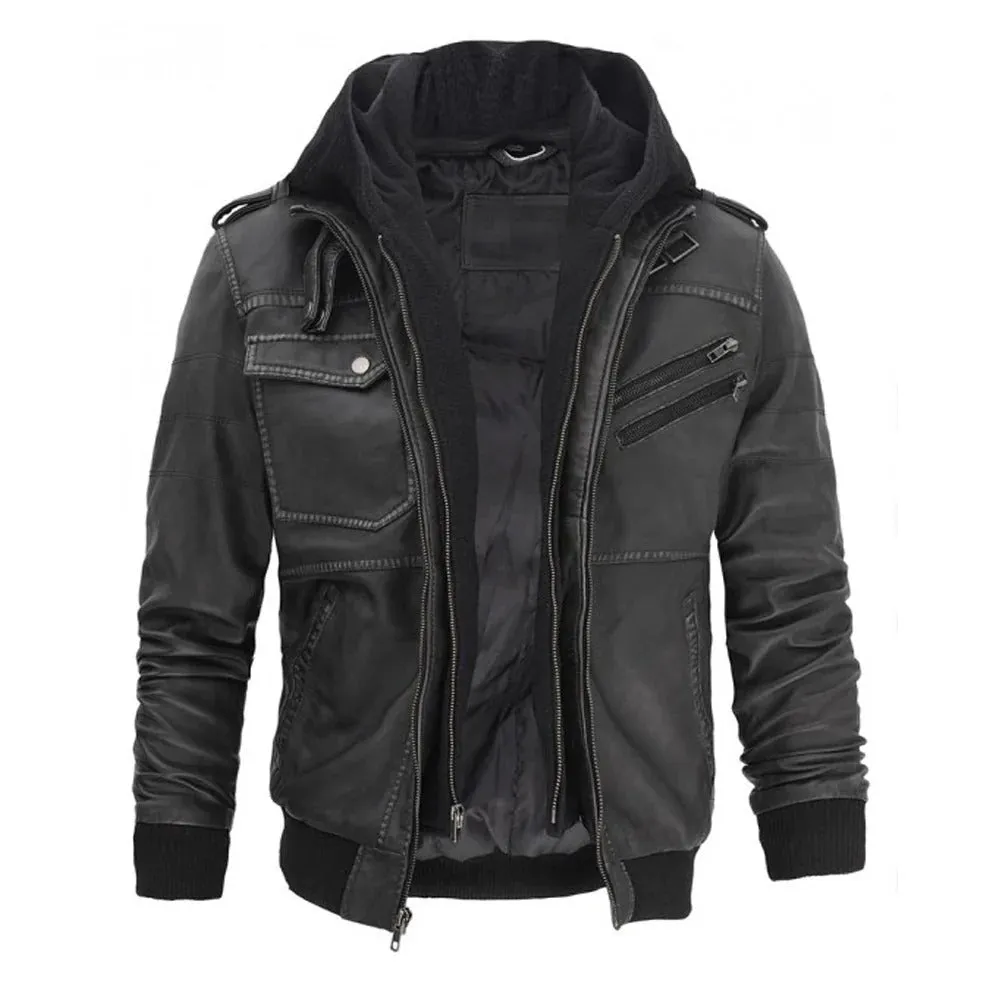 Men’s Grey Hooded Bomber Leather Jacket