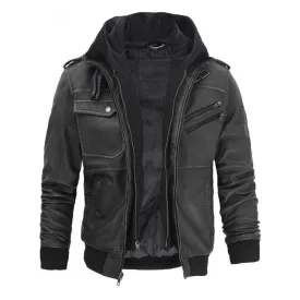 Men’s Grey Hooded Bomber Leather Jacket