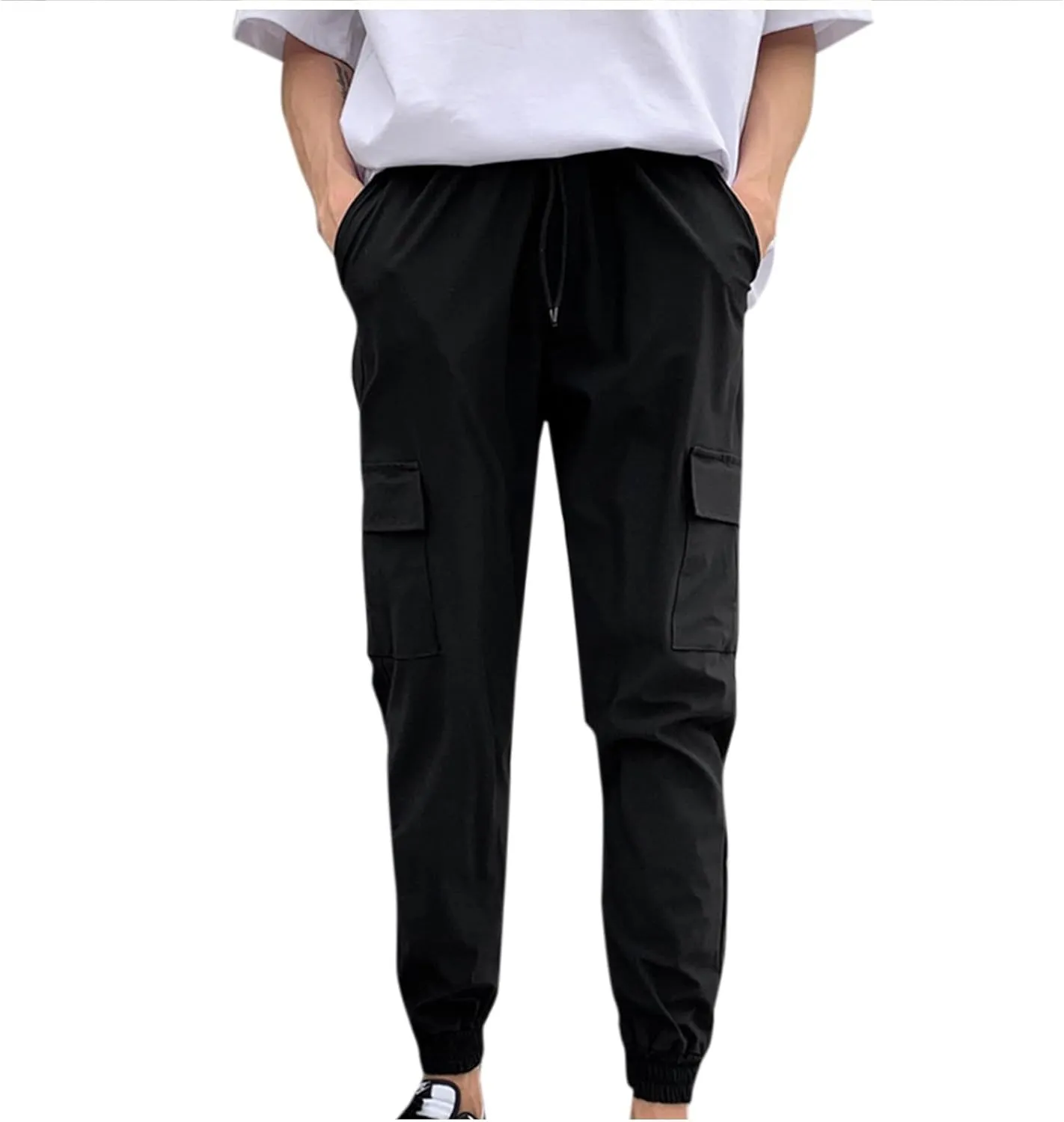 Mens Multi Pocket Cargo Pants Drawstring Sweatpants Casual Tapered Trousers Summer Solid Fitness Running Tracksuit Bottoms