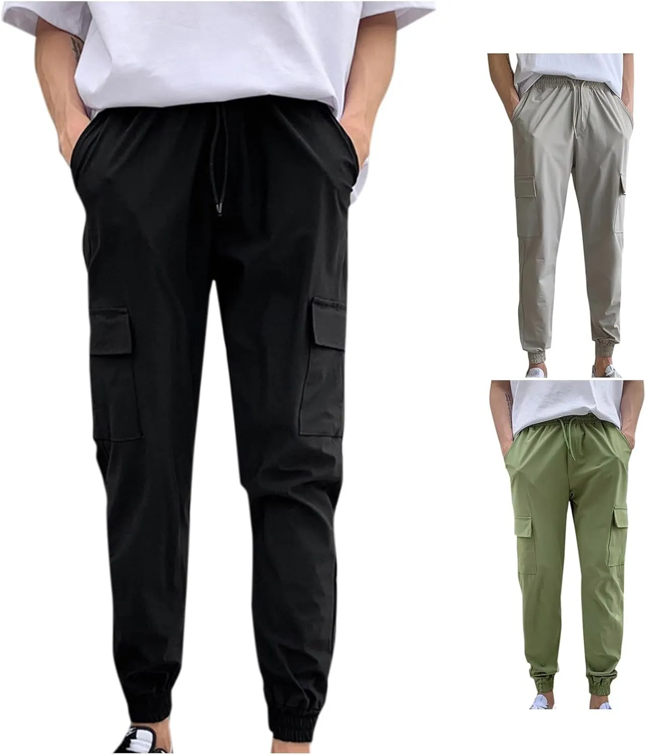 Mens Multi Pocket Cargo Pants Drawstring Sweatpants Casual Tapered Trousers Summer Solid Fitness Running Tracksuit Bottoms
