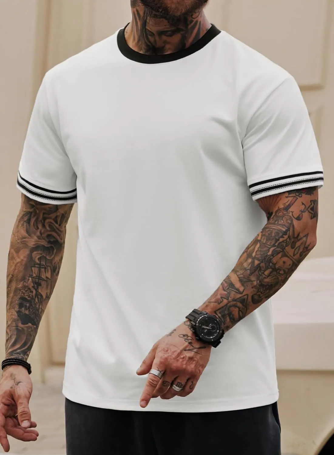 Mens Ringer Tshirt Casual Heavyweight Summer Crewneck Short Sleeve Shirts (S-XXL)
