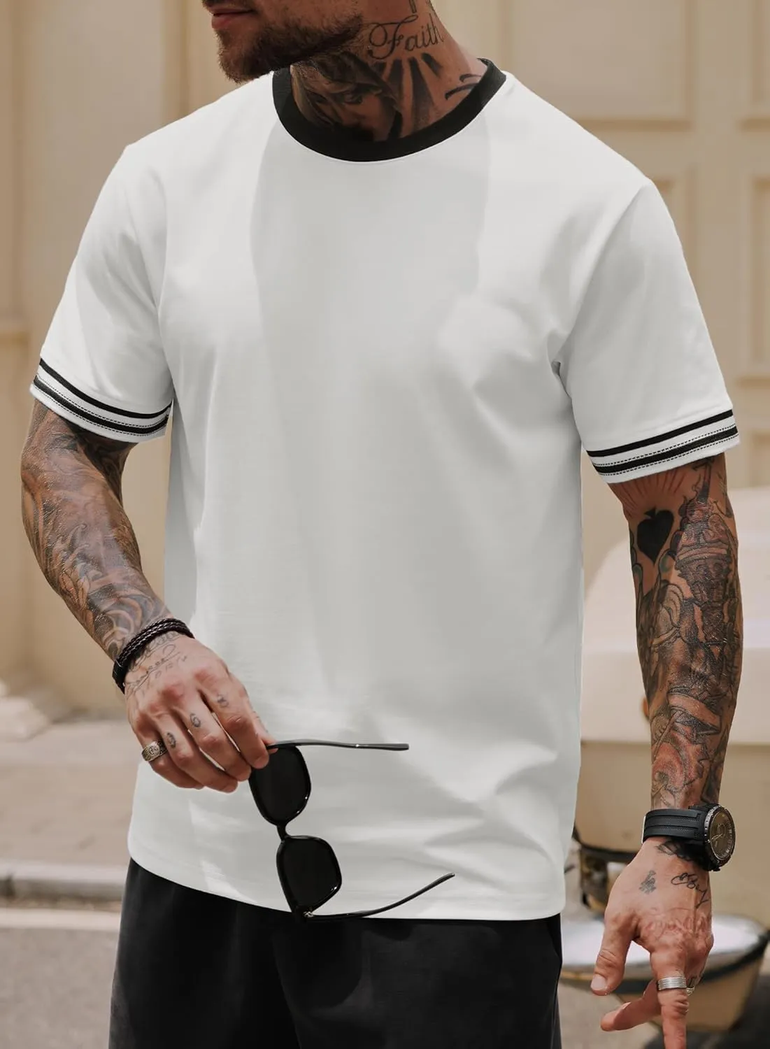 Mens Ringer Tshirt Casual Heavyweight Summer Crewneck Short Sleeve Shirts (S-XXL)