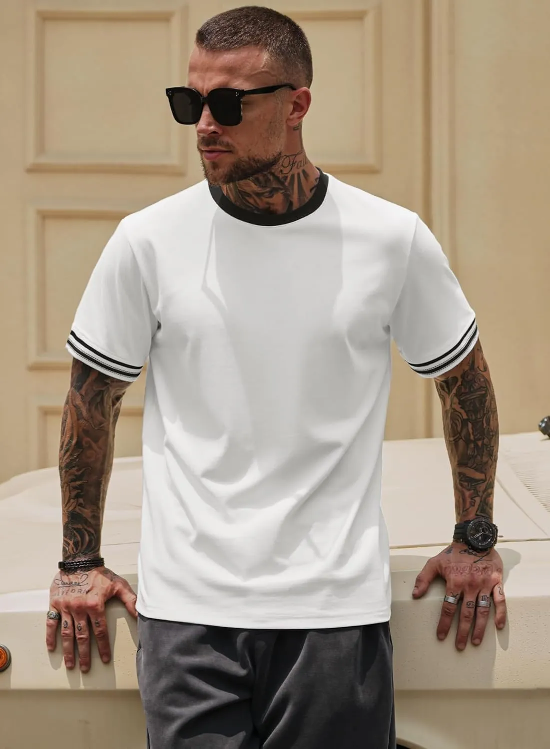 Mens Ringer Tshirt Casual Heavyweight Summer Crewneck Short Sleeve Shirts (S-XXL)