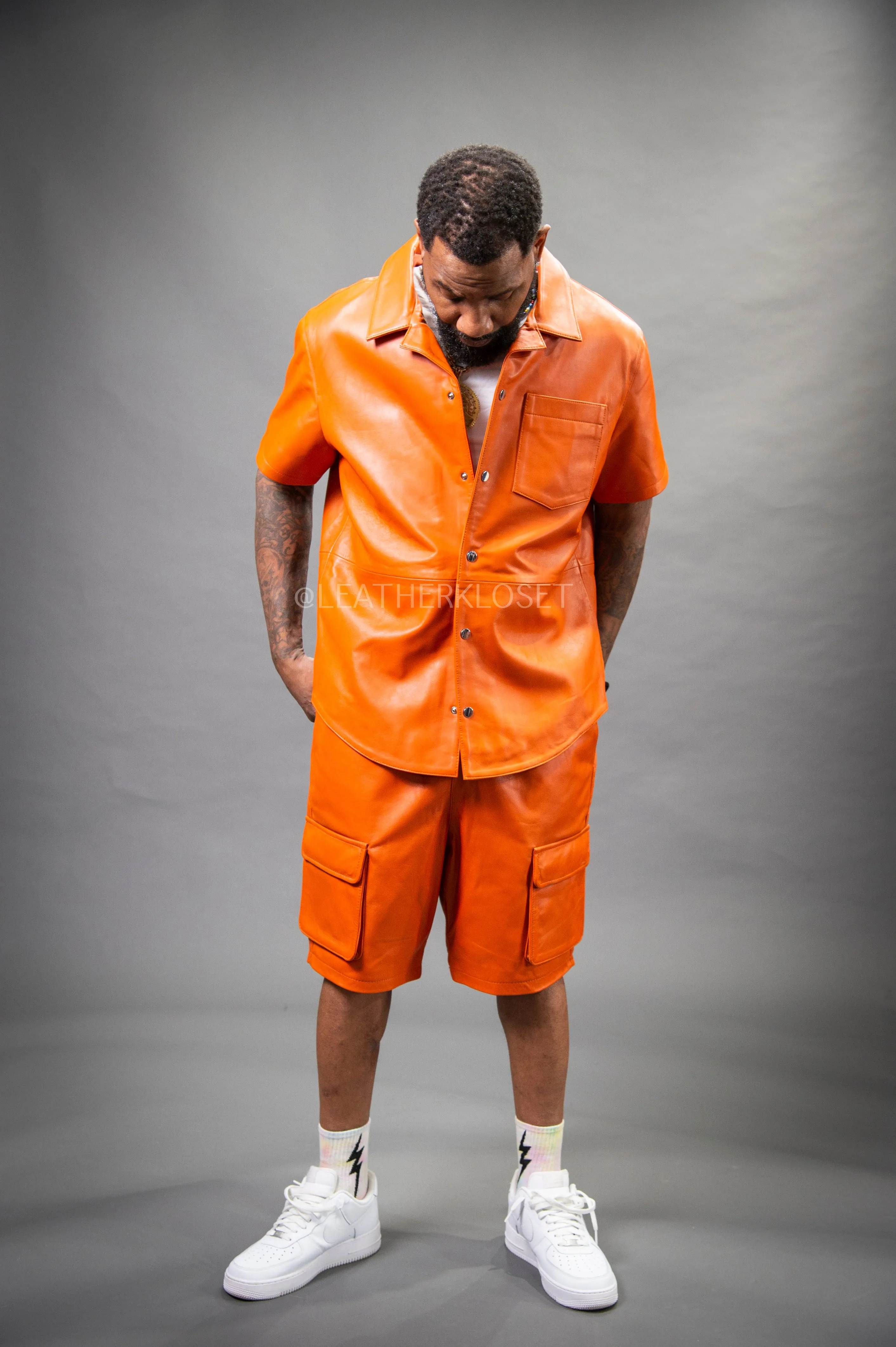 Men's Summer In Miami Leather Shirt And Cargo Shorts Set [Orange]