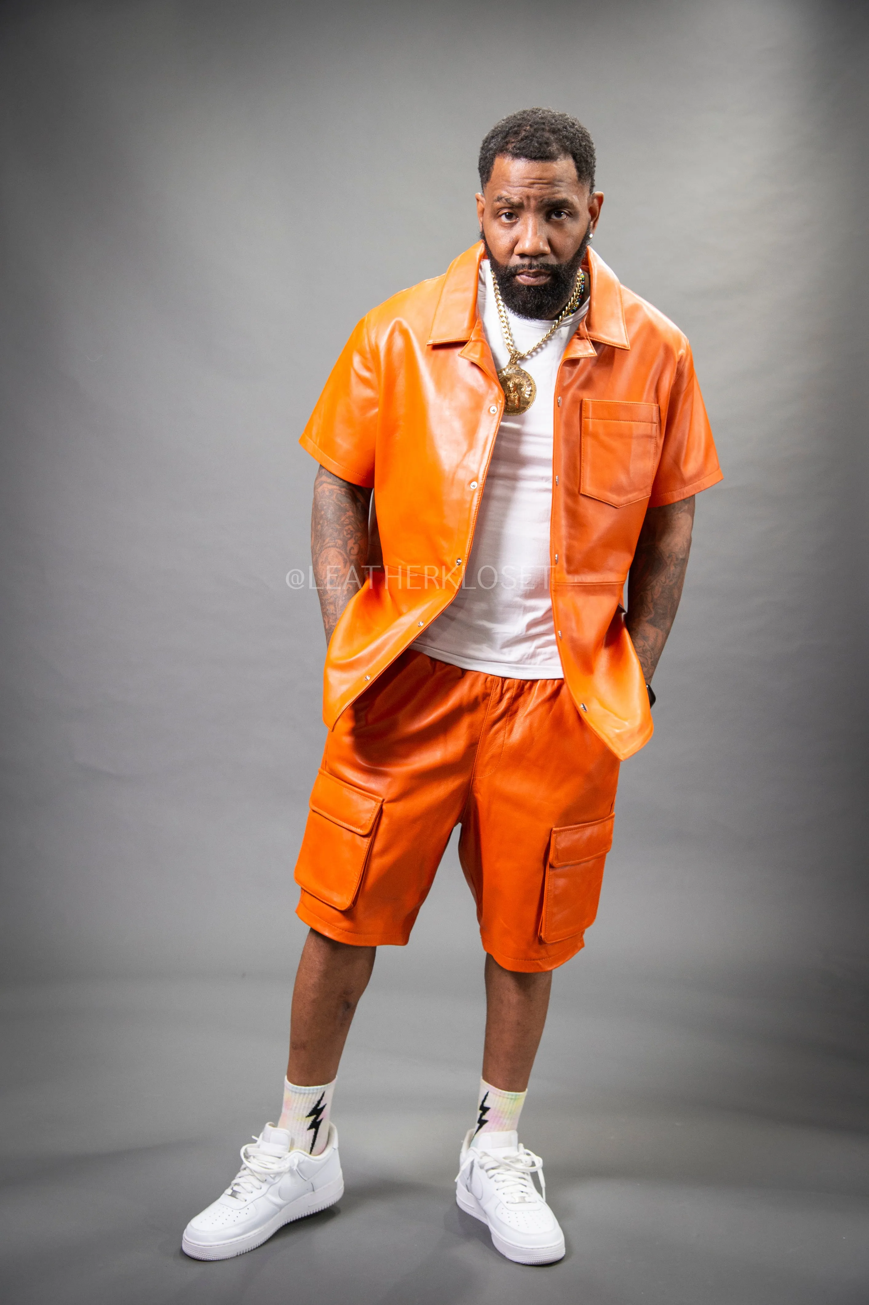 Men's Summer In Miami Leather Shirt And Cargo Shorts Set [Orange]