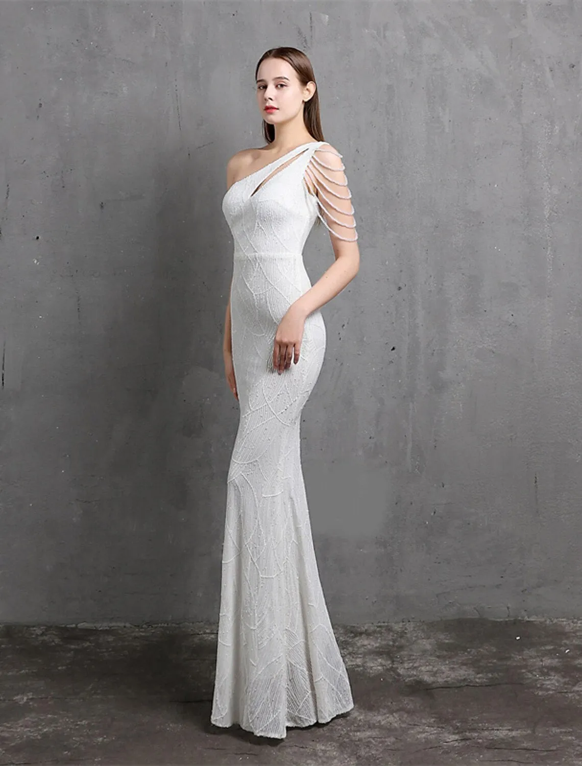 Mermaid / Trumpet Evening Gown Sparkle & Shine Dress Formal Floor Length Short Sleeve One Shoulder Sequined with Sequin