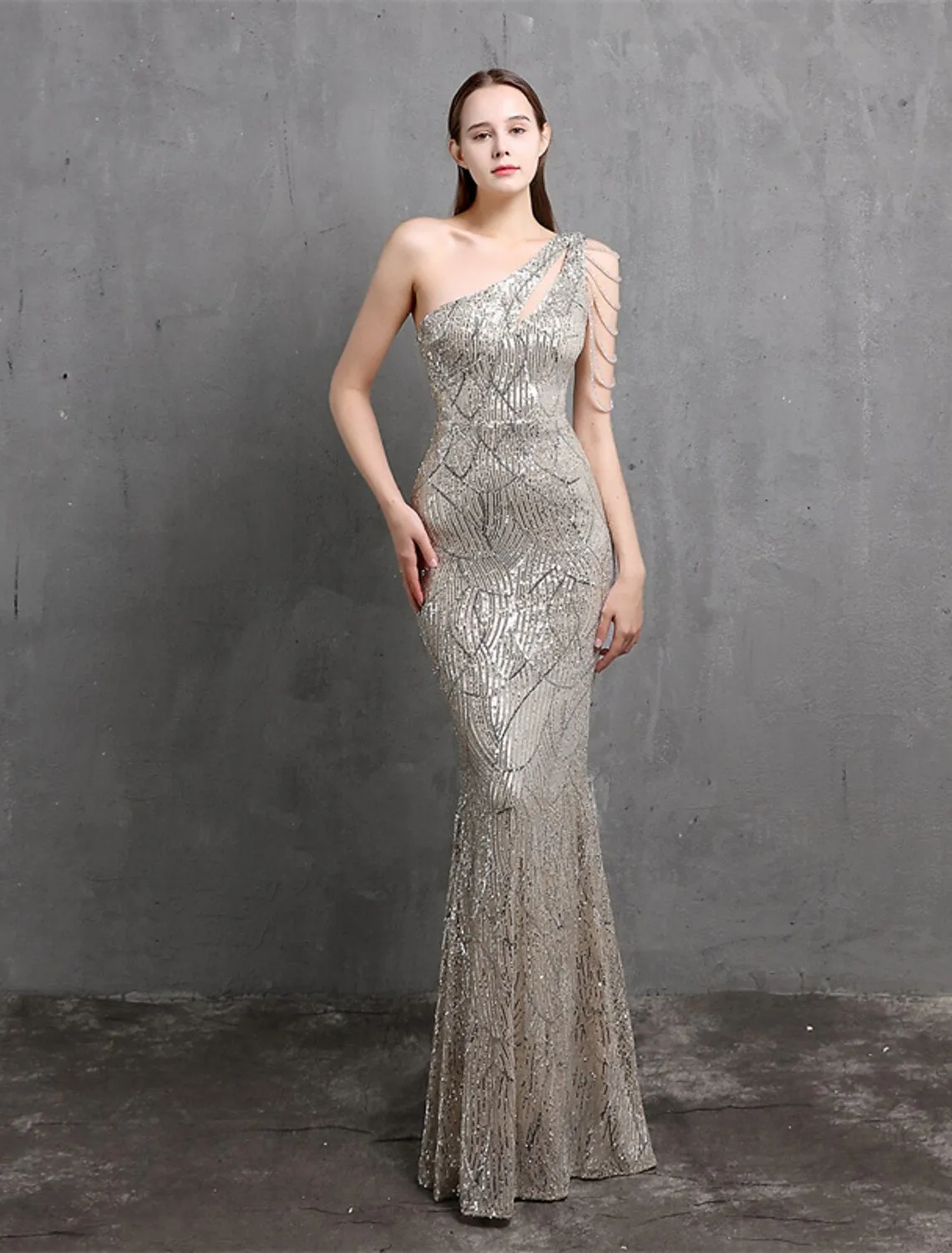 Mermaid / Trumpet Evening Gown Sparkle & Shine Dress Formal Floor Length Short Sleeve One Shoulder Sequined with Sequin