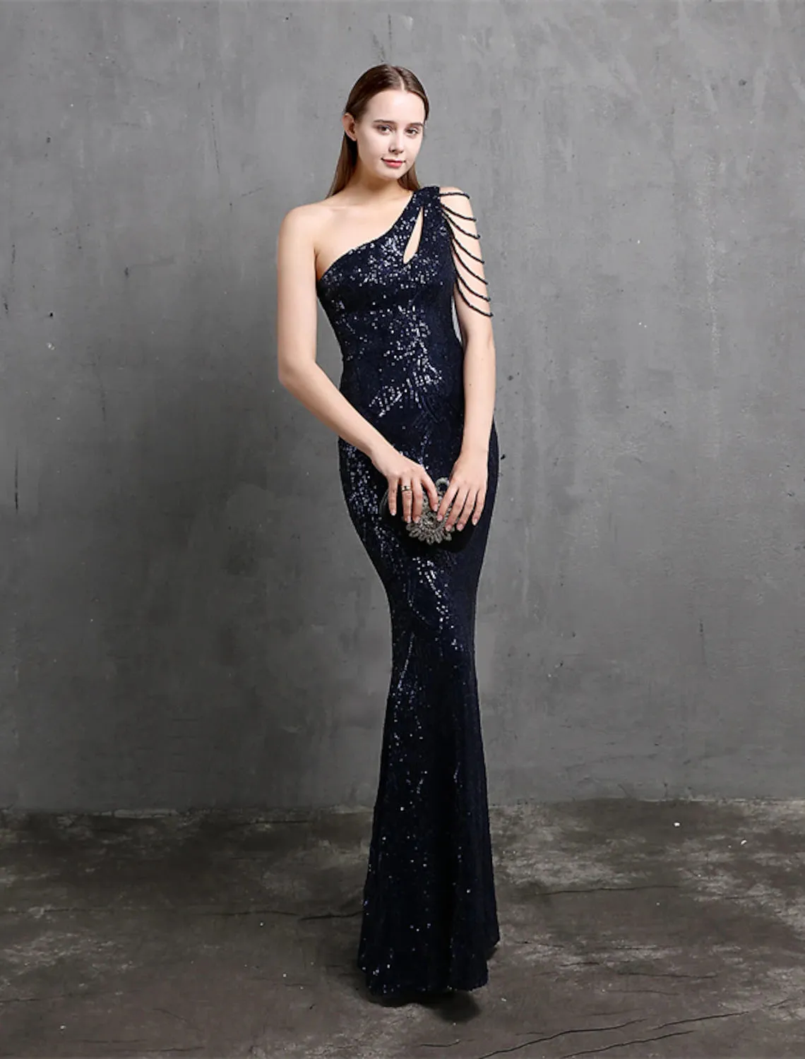 Mermaid / Trumpet Evening Gown Sparkle & Shine Dress Formal Floor Length Short Sleeve One Shoulder Sequined with Sequin