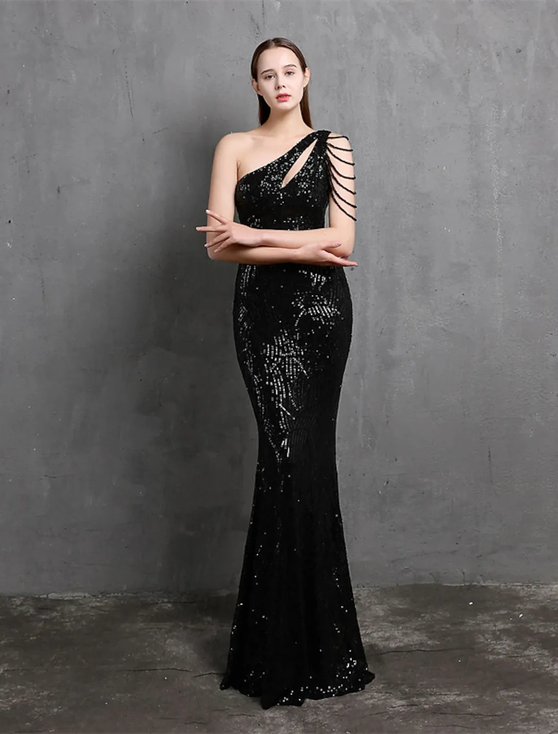 Mermaid / Trumpet Evening Gown Sparkle & Shine Dress Formal Floor Length Short Sleeve One Shoulder Sequined with Sequin