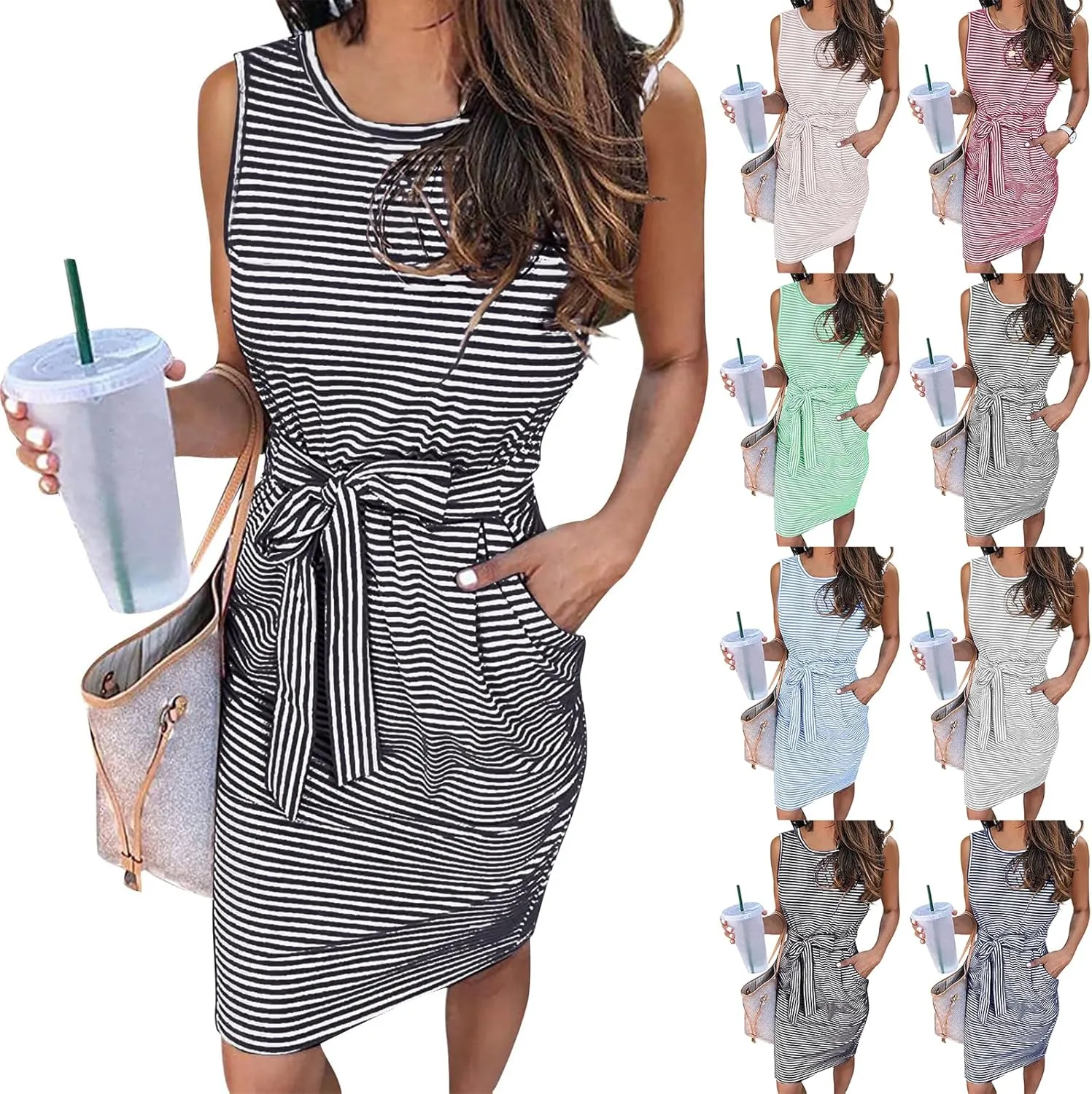 midelxp Womens Sundresses Casual Striped Sleeveless Tie Waist Shirt Dress with Pockets Casual Loose Crewneck Vacation Dresses